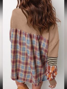 1285. Waffle patchwork plaid Henley knit top